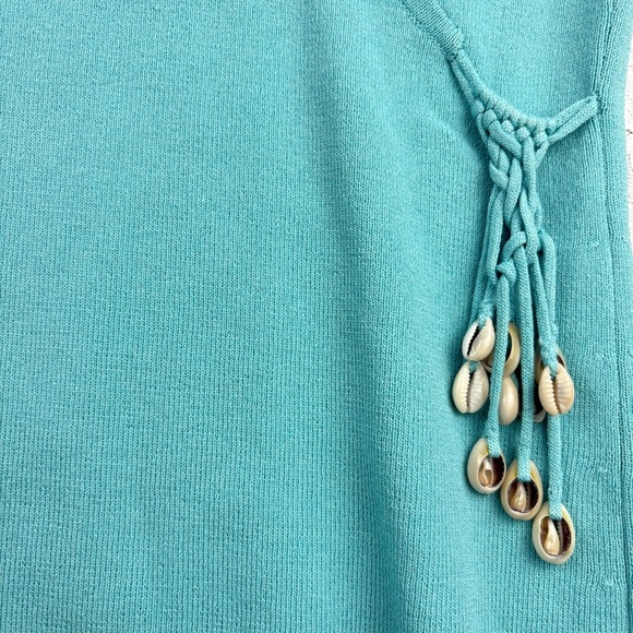 VTG Y2K Will Smith Turquoise Sleeveless Wrap Top Seashell Fringe Size L V-Neck - Picture 7 of 7